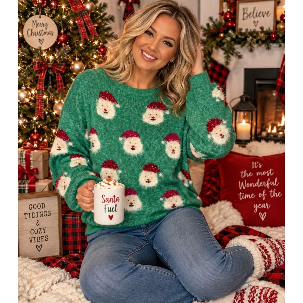 Shop The Mint Santa Claus Christmas Sweater Green Sequin XL SF1262